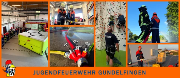 Eine Bildercollage aus den Tätigkeiten der Jugendfeuerwehr Gundelfingen, wie Klettern, einem Filmabend, technische Hilfeleistung oder beim Löschangriff. Links unten ist das Logo der Jugendfeuerwehr - ein gezeichneter Rabe in Jugendfeuerwehrbekleidung.