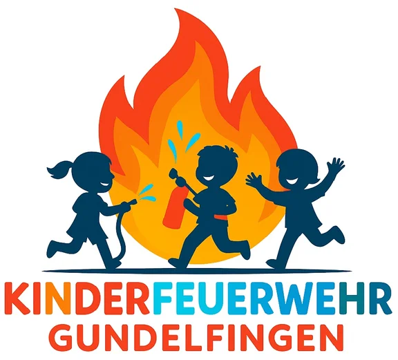 Logo unserer Kinderfeuerwehr - 3 Kinder tanzen und spielen um ein Feuer
